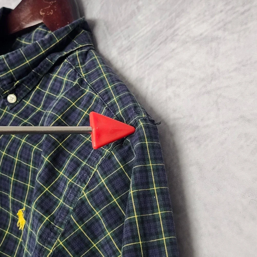 Ralph Lauren Plaid Button Down Shirt Boys Large 14-16 Green Navy Yellow Pony L